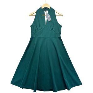 Atnlewhi Solid Emerald Green Halter V Neck A Line Dress NWT L Party Cocktail